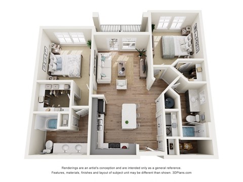 Floor plan for 2 beds, 2 baths, 1119 sqft